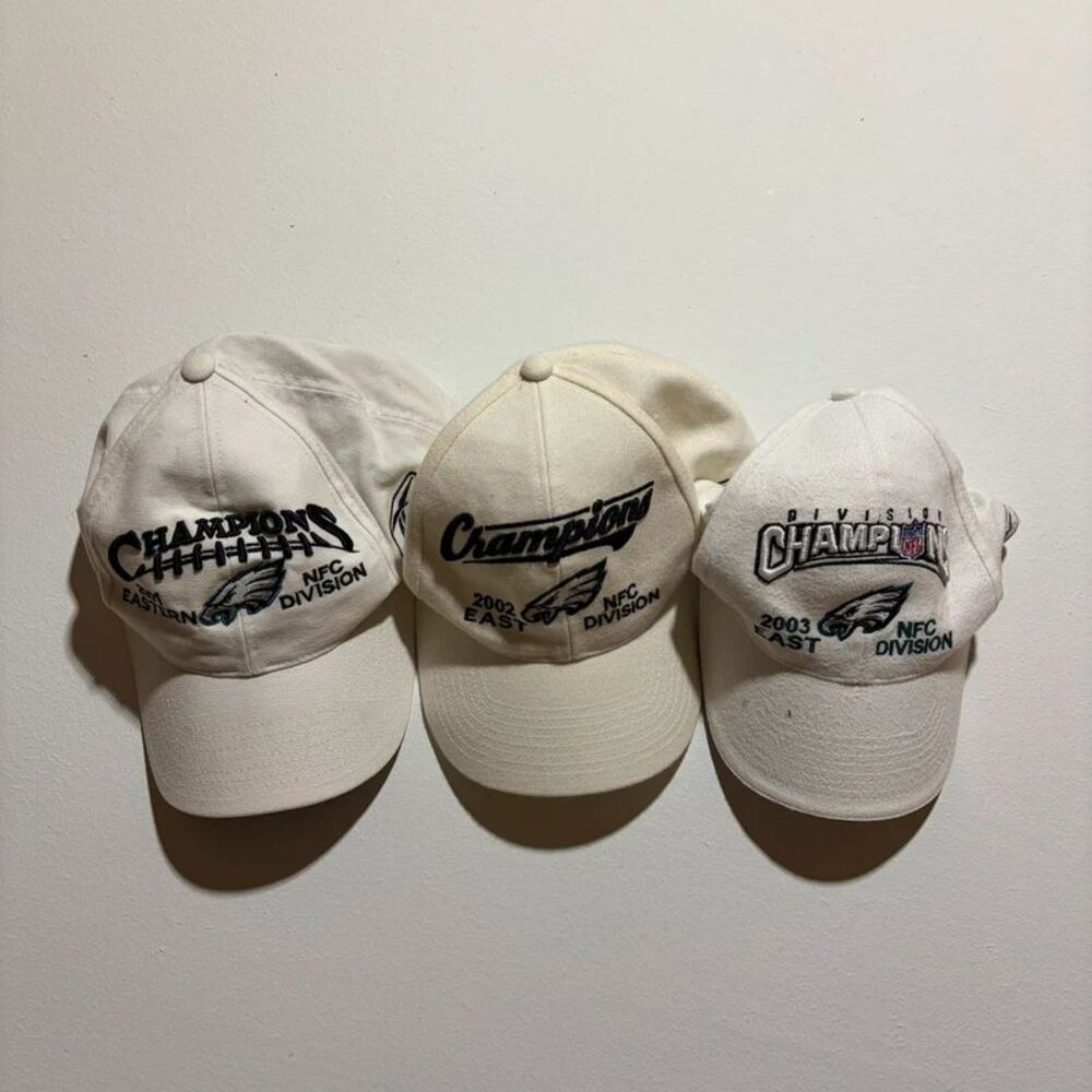 Set of Three White Vintage Eagles Championship Reebok Hats